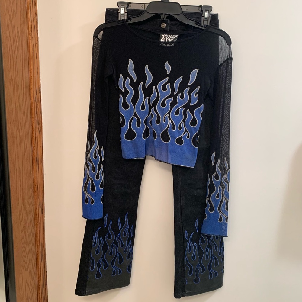 SERIOUS CLOTHING Y2K Vintage Blue Flame Mesh Shirt & Jeans WWF WWE Lita